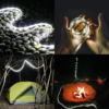 Un collage de cuatro imágenes: Lámpara Led Atakama Outdoor brillando sobre guijarros; manos sosteniendo una luz en espiral; luz de cuerda Cruz del Sur sobre una tienda de campaña en el bosque; y un cálido resplandor en espiral alrededor de una fogata al aire libre.