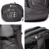 Collage de una mochila Plegable Atakama Outdoor Carbón 32L gris, que presenta primeros planos del logotipo, una cremallera con motivo de gotas de lluvia y una etiqueta característica que indica el nombre del modelo "Carbón 32L".