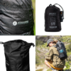 Collage de cuatro imágenes: primer plano de una mochila negra salpicada de agua; un bolso con la etiqueta "Mochila Plegable Manquehue"; Bolso Plegable Atakama abierto vista superior; persona al aire libre cerca de la Ruta 78, con un sombrero con el Bolso Plegable Atakama Outdoor Ruta 78 70L.