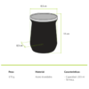 Ilustración de una elegante taza térmica de acero inoxidable negra similar al Mate Térmico Atakama Outdoor de 236 ml. Con 8,5 cm de diámetro, 11 cm de altura y 170 g de peso, tiene una capacidad de 236 ml.