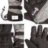 Cuatro imágenes de cerca de Guantes de Nieve PRO Kano negros y grises con correas ajustables, el logotipo de Kano y detalles que muestran la palma, el dorso y una pequeña tarjeta parcialmente guardada en un bolsillo.