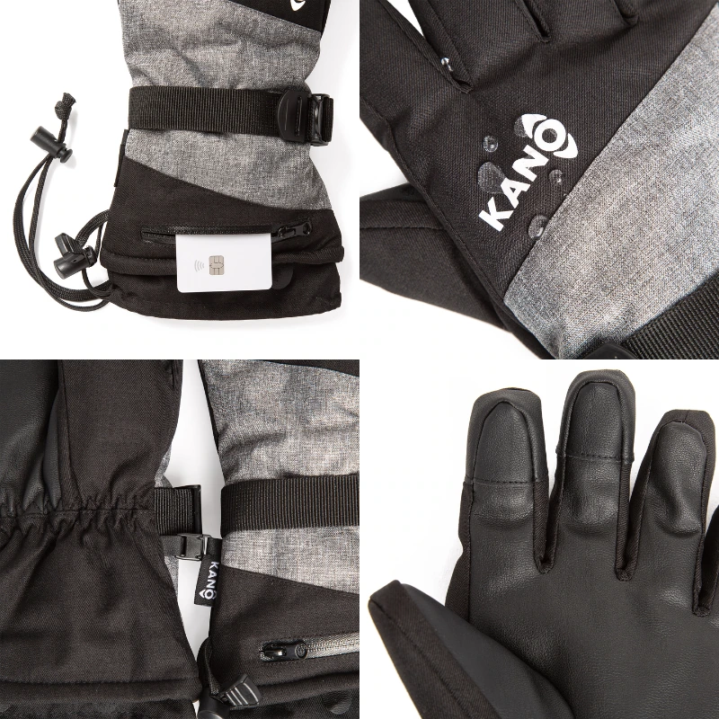 Cuatro imágenes de cerca de Guantes de Nieve PRO Kano negros y grises con correas ajustables, el logotipo de Kano y detalles que muestran la palma, el dorso y una pequeña tarjeta parcialmente guardada en un bolsillo.