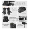 La infografía muestra las características de los Guantes de Nieve PRO Kano: clips antipérdida, palmas antideslizantes, bolsillo impermeable, puños ajustables, correa de fijación, puntas de los dedos compatibles con pantalla táctil y cordón antipérdida. Texto en español e inglés.