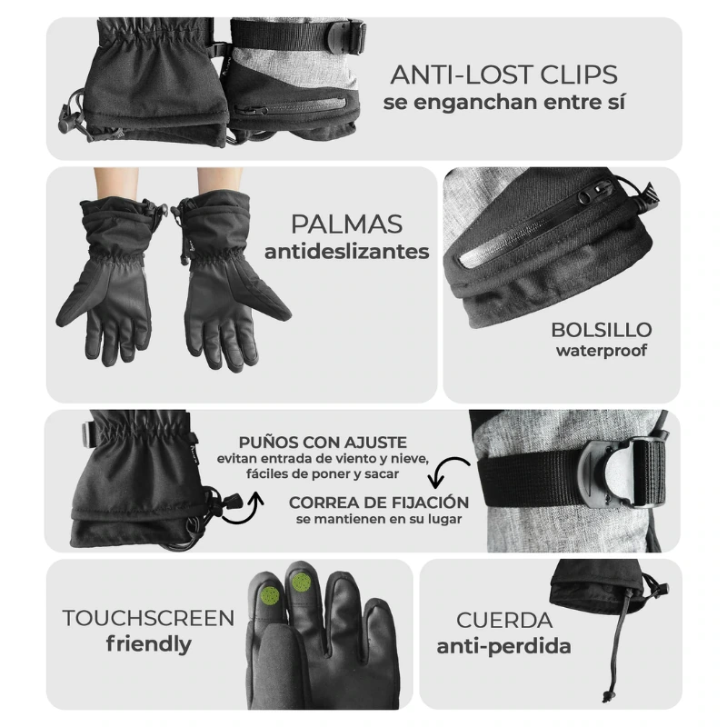 La infografía muestra las características de los Guantes de Nieve PRO Kano: clips antipérdida, palmas antideslizantes, bolsillo impermeable, puños ajustables, correa de fijación, puntas de los dedos compatibles con pantalla táctil y cordón antipérdida. Texto en español e inglés.