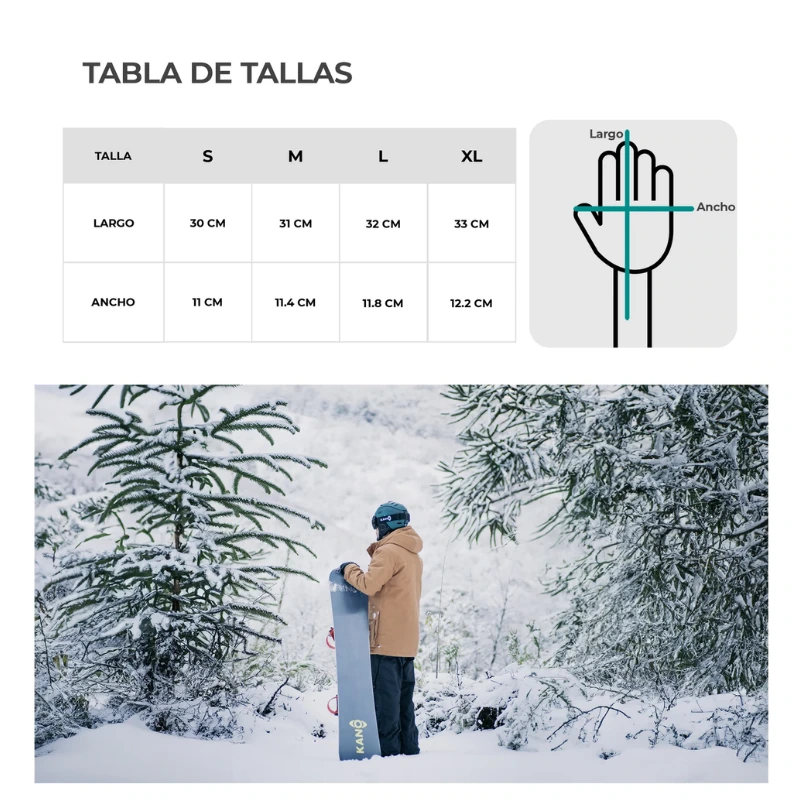 Tabla de tallas de guantes en español que muestra las medidas para S, M, L y XL, con una ilustración de cómo medir el largo y el ancho de la mano y una persona con ropa de invierno sosteniendo una tabla de snowboard en un bosque nevado.