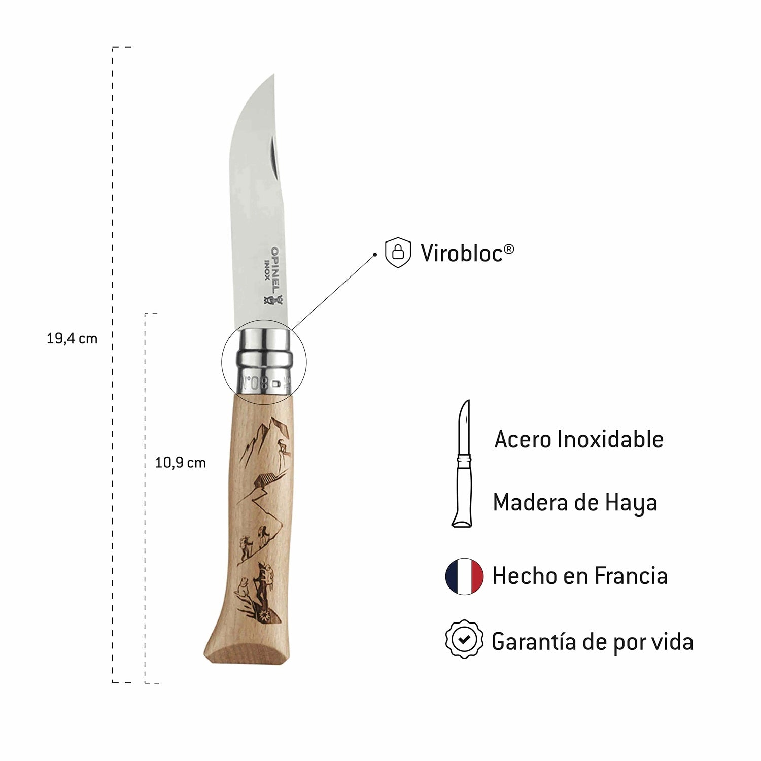 Cuchillo Opinel N°8 con Grabado de Montaña