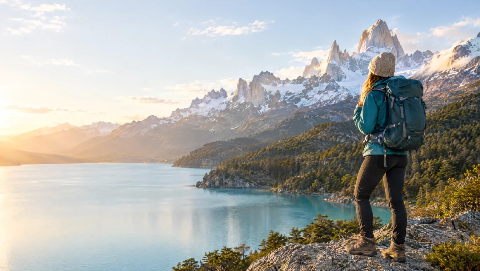 Excursionista con mochila mirando un lago patagónico al atardecer