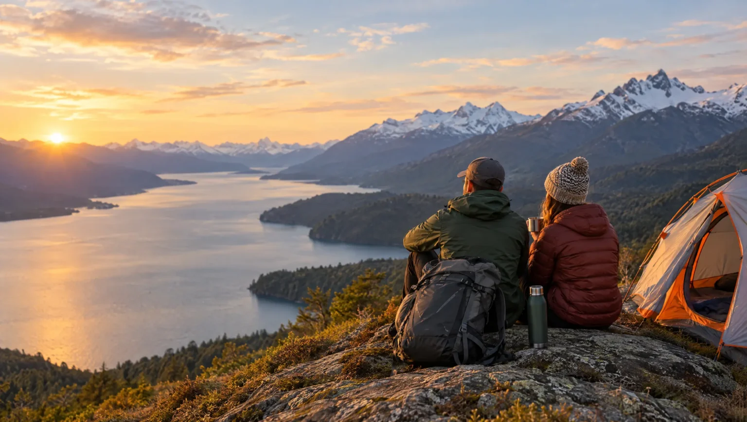 Pareja de excursionistas junto a su carpa frente a un lago al atardecer
