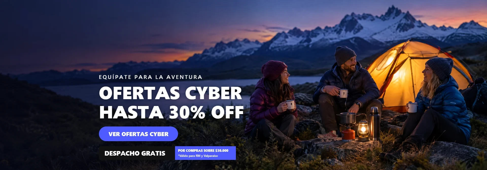 Ofertas Cyber hasta 30% OFF en Outdoor Feat: amigos acampando al atardecer en la cordillera
